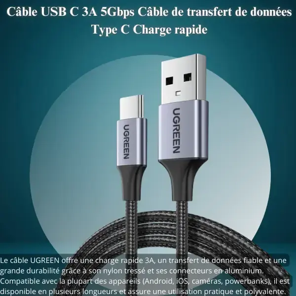 Câble USB-C UGREEN 3A – Charge rapide et données 5 Gbps
